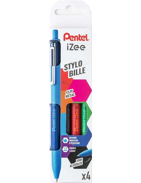 Stylos à bille rétractables Pentel iZee (lot de 4) - Pointe 0,7 mm - Trait 0,35 mm - Clip métal - Noir, bleu, rouge et vert