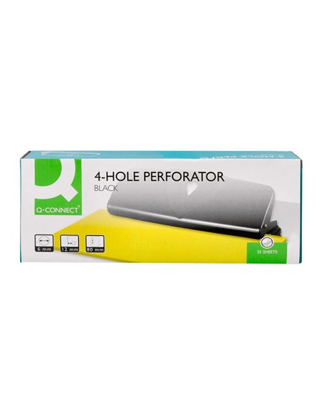 Perforateur q-connect métal et plastique capacité perforation 16f 4 trous coloris noir 280x110mm.