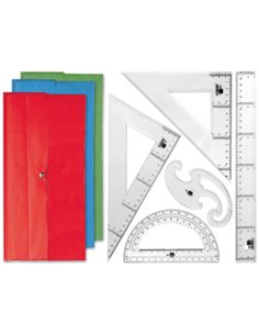 Set traçage liderpapel 5 pièces règle 30cm équerres 45/60 degrés 25cm rapporteur 180 degrés 15cm pistolet transparent.