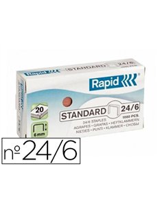 Agrafe rapid standard 24/6 cuivrée fil souple confort capacité agrafage 20f boîte 1000 unités.