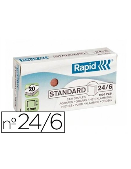 Agrafe rapid standard 24/6 cuivrée fil souple confort capacité agrafage 20f boîte 1000 unités.