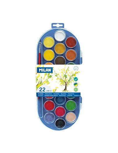 Milan 80022 Coffret de 22 aquarelles Ø 30 mm + Pinceau Série 101 - Miscibles - Couleurs assorties
