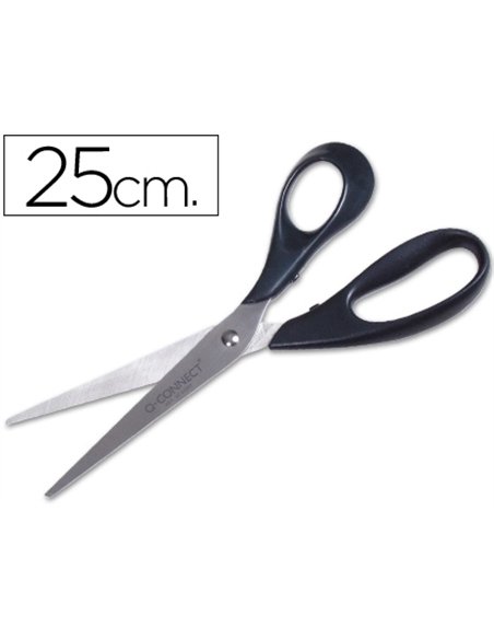 Ciseaux bureau q-connect économique droitier lames inox 250mm branches gainées abs bouts pointus coloris noir.