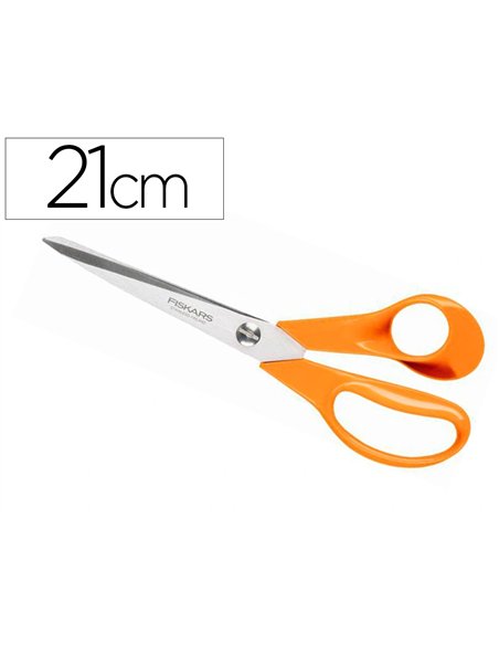 Ciseaux fiskars universels 21cm design ergonomique coupe facilement tissu papier et matériaux laminés droitiers.