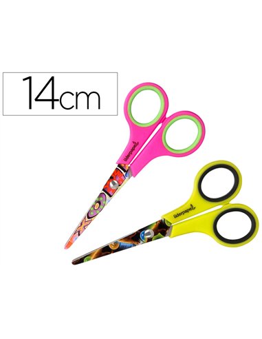 Ciseaux liderpapel décor 5/8 ans lames acier inoxydable décorées pointe arrondie anti-coupe 140mm.