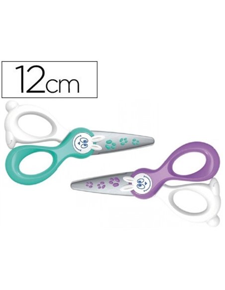 Ciseaux maped kidicut 3/5 ans bouts ronds lames fibre de verre ne coupent ni cheveux ni vêtements 120mm coloris assortis.
