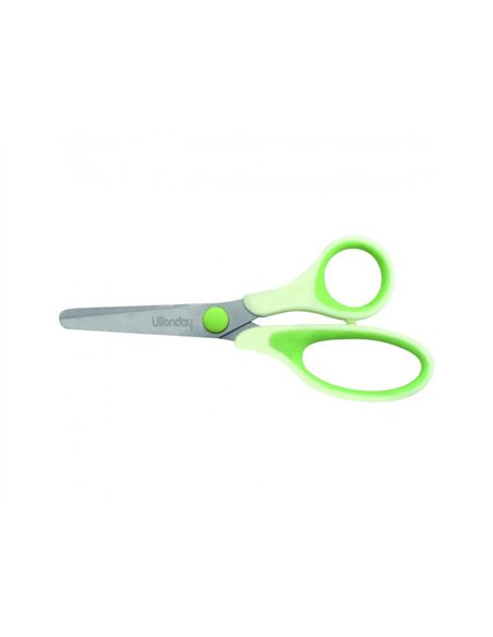 Ciseaux wonday uni'vert 13cm lames acier inox bouts ronds anneaux asymetriques.