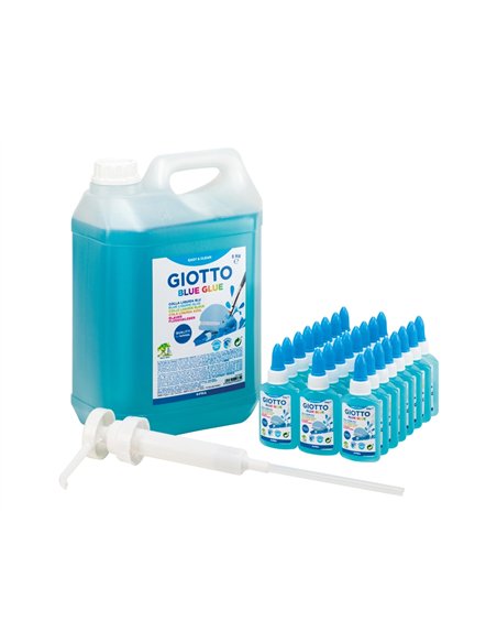 Classpack colle bleue giotto sans solvant lavable usage papier et carton 24 flacons 37ml 1 bidon 5kg et 1 pompe.