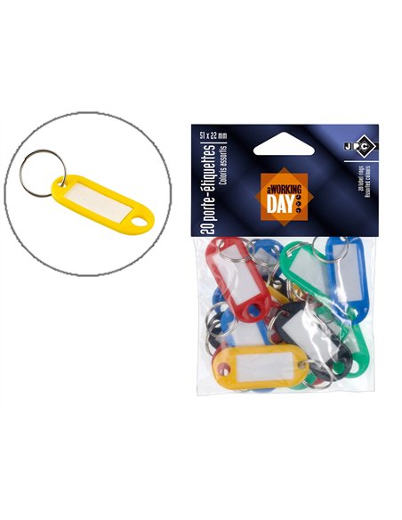 Porte-clés jpc plastique avec étiquettes blanches 51x22mm coloris assortis paquet 20 unités.