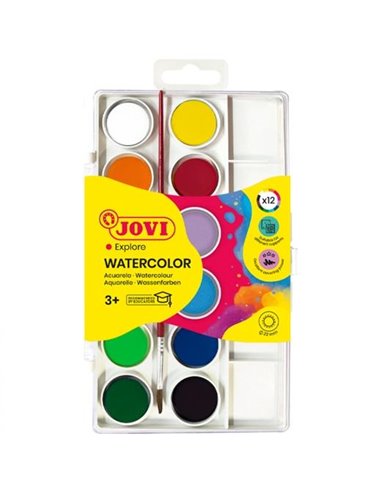 Pack Jovi de 12 aquarelles en godets de 22 mm + pinceau - Couleurs vives - Facilement miscibles - Assortiment de couleurs