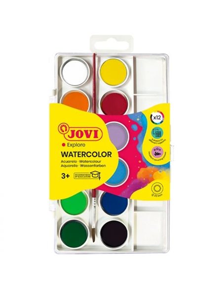Pack Jovi de 12 aquarelles en godets de 22 mm + pinceau - Couleurs vives - Facilement miscibles - Assortiment de couleurs