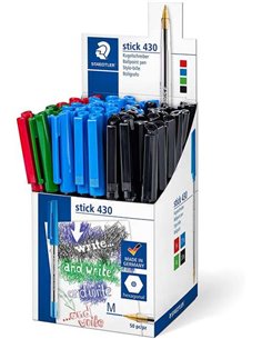 Stylo bille Staedtler Stick 430, pointe 0,35 mm - Encre effaçable - Couleurs assorties