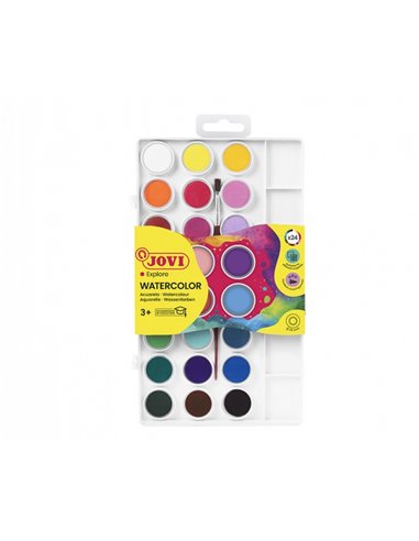 Pack Jovi de 24 aquarelles en godets de 22 mm + pinceau - Couleurs vives - Facilement miscibles - Assortiment de couleurs