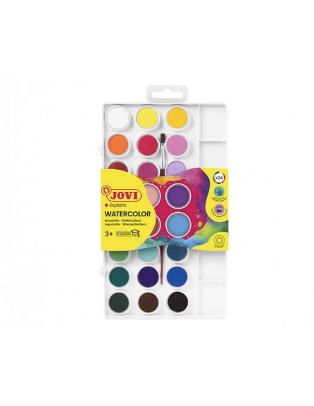 Pack Jovi de 24 aquarelles en godets de 22 mm + pinceau - Couleurs vives - Facilement miscibles - Assortiment de couleurs