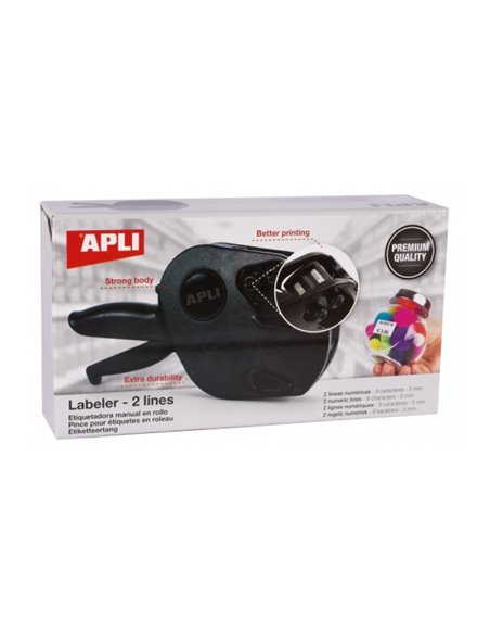 Étiqueteuse de prix Apli Premium - 2 lignes - 9 caractères - Facile à utiliser - Installation rapide - Dragonne - Cartouches et 