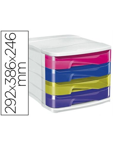 Module classement cep 4 tiroirs larges polystyrène antichoc 292x386x246mm 450f/tiroir multicolore métallisé.