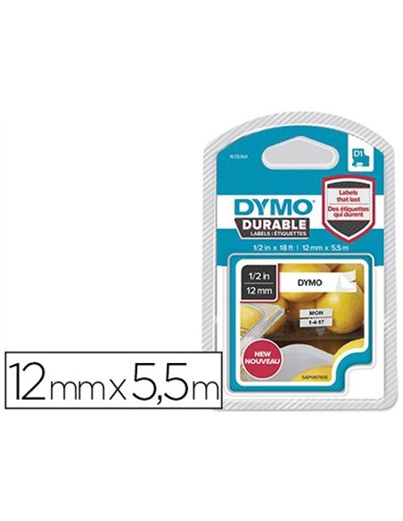 Ruban dymo d1 polyester adhésif permanent 12mmx5.5m noir/blanc.