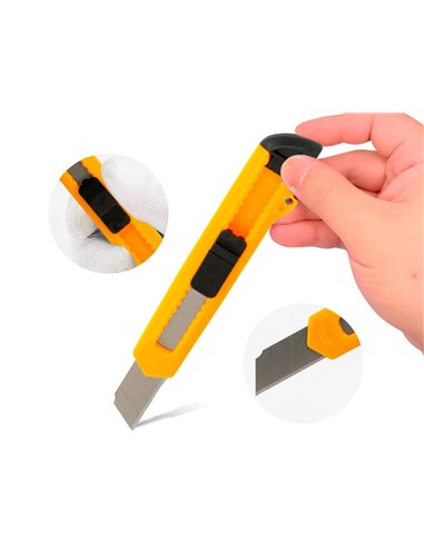 Cutter xd-11 q-connect lame retractable interchangeable acier 18mm precoupee frein securite col. Aleatoire jaune/orange.
