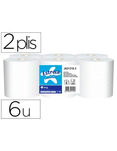 Bobine essuyage amoos estrela dévidage central 2 plis 390 services paquet de 6 rouleaux.