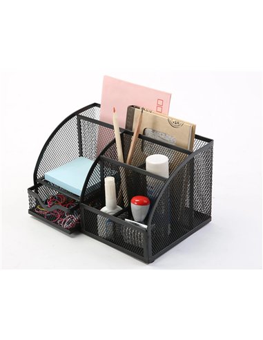 Organiseur bureau q-connect maille métallique 5 compartiments et 1 tiroir 220x140x130mm coloris noir.