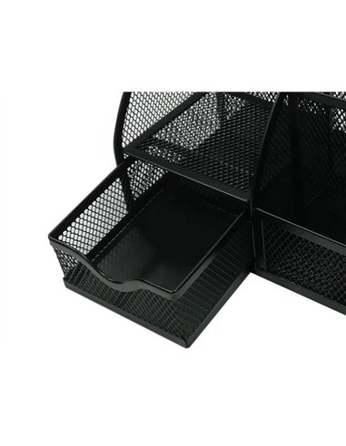 Organiseur bureau q-connect maille métallique 5 compartiments et 1 tiroir 220x140x130mm coloris noir.