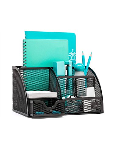 Organiseur bureau q-connect maille métallique 5 compartiments et 1 tiroir 220x140x130mm coloris noir.