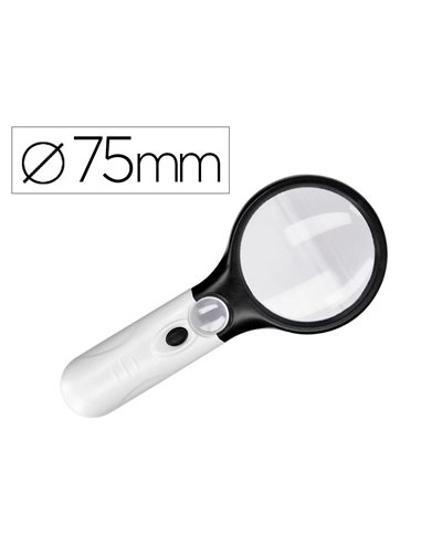 Loupe électrique q-connect lentille verre ronde 75mm diamètre monture abs grossissement par 3 3 ampoules led.