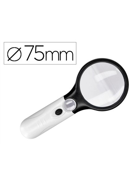 Loupe électrique q-connect lentille verre ronde 75mm diamètre monture abs grossissement par 3 3 ampoules led.