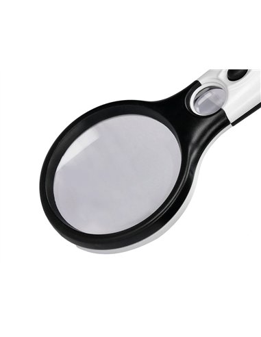 Loupe électrique q-connect lentille verre ronde 75mm diamètre monture abs grossissement par 3 3 ampoules led.