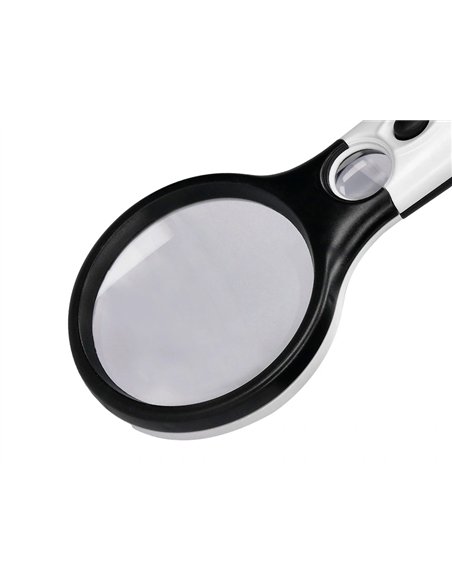 Loupe électrique q-connect lentille verre ronde 75mm diamètre monture abs grossissement par 3 3 ampoules led.