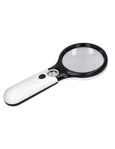 Loupe électrique q-connect lentille verre ronde 75mm diamètre monture abs grossissement par 3 3 ampoules led.