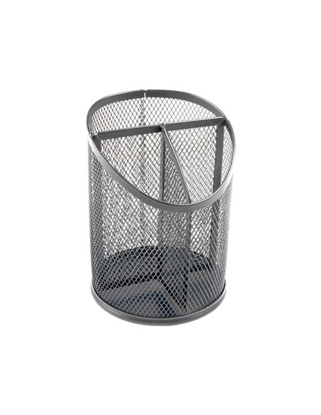 Pot a crayons q-connect maille metallique 3 compartiments hauteur 147 mm diametre 110mm coloris argent.