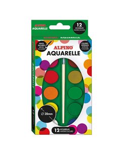 Pack Alpine de 12 aquarelles - Diamètre 28 mm - Couleurs intenses - Pinceau inclus - Couleurs assorties