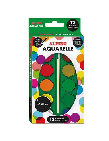 Pack Alpine de 12 aquarelles - Diamètre 28 mm - Couleurs intenses - Pinceau inclus - Couleurs assorties
