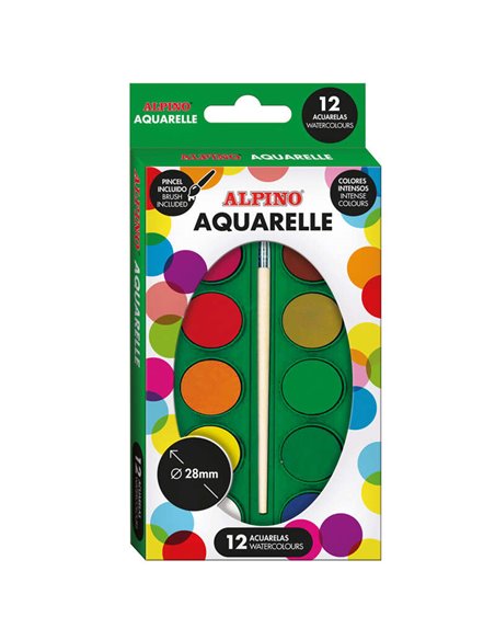 Pack Alpine de 12 aquarelles - Diamètre 28 mm - Couleurs intenses - Pinceau inclus - Couleurs assorties