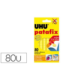 Pastille adhésive uhu patafix fixe momentanément définitivement documents objets coloris jaune sachet 80 unités.