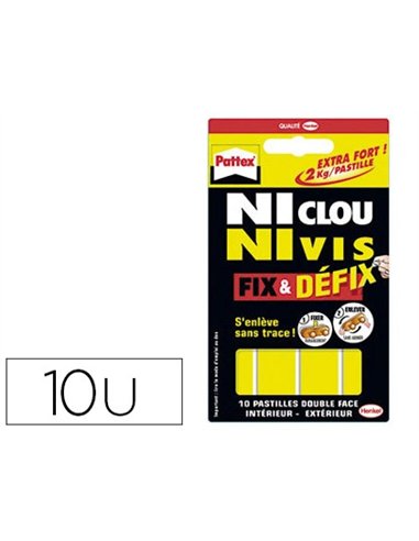 Pastille adhésive pattex ni clou ni vis double face supporte 2.75kg fix défix étui 10 pastilles.