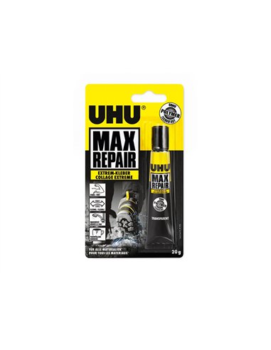 Colle uhu max repair multi-usages tous types matériaux résiste eau températures extrêmes uv s/solvant 20g transparent.