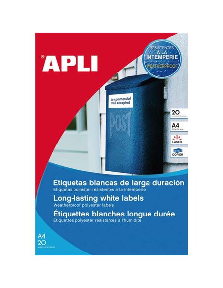 Lot de 80 étiquettes permanentes Apli 105 x 148 mm - En polyester - Bords droits - Résistantes aux intempéries - Blanches