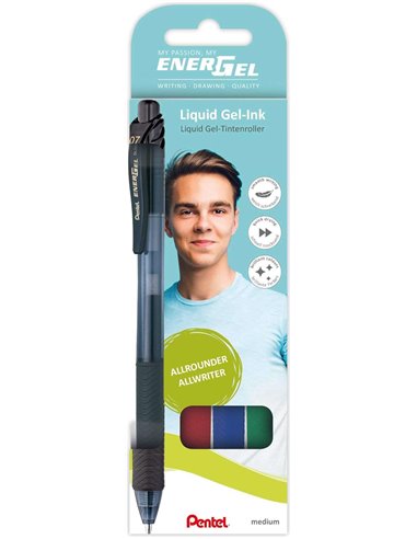 Stylos à bille rétractables Pentel EnerGel X, lot de 4 – Pointe de 0,7 mm, trait de 0,35 mm, rechargeables, grip, 50 % de matéri