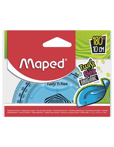 Rapporteur maped twist'n'flex 180 degrés 10cm gradué souple incassable ludique 3 coloris assortis bleu vert rose.