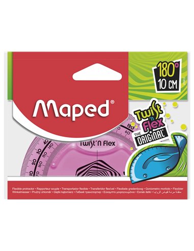 Rapporteur maped twist'n'flex 180 degrés 10cm gradué souple incassable ludique 3 coloris assortis bleu vert rose.