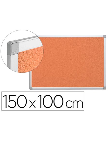 Tableau liège q-connect mural cadre aluminium argenté mat coins plastiques fixation mur épaisseur 5mm 150x100cm.