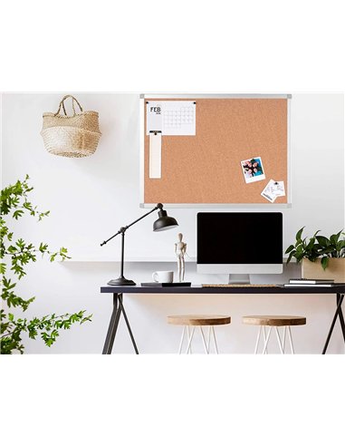 Tableau liège q-connect mural cadre aluminium argenté mat coins plastiques fixation mur épaisseur 5mm 150x100cm.