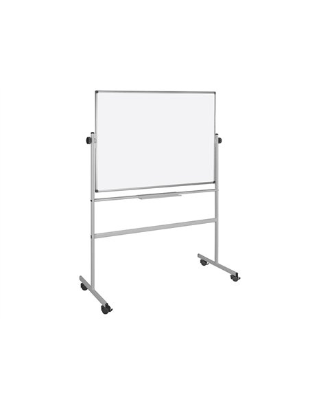Tableau blanc q-connect à roulettes mélaminé double face pivotant cadre aluminium surface laquée ample auget 120x90cm.