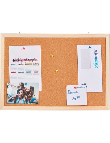 Tableau liège q-connect mural cadre bois pin naturel 2 faces inclus 5 épingles mémo fixation mur épaisseur 1mm 120x90cm.