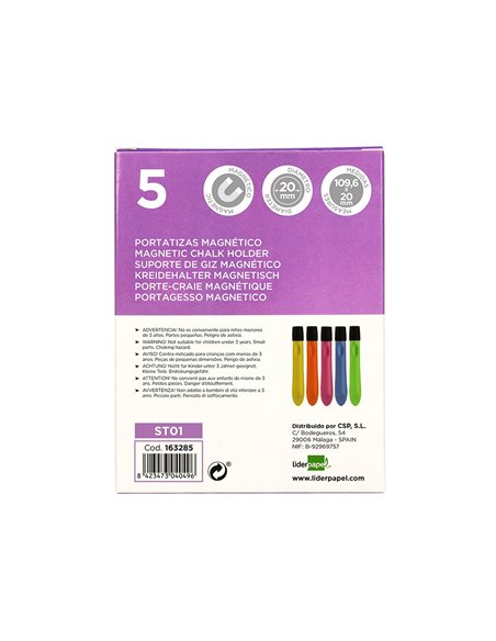 Porte-craie liderpapel en plastique magnetique pack de 5 coloris assortis.
