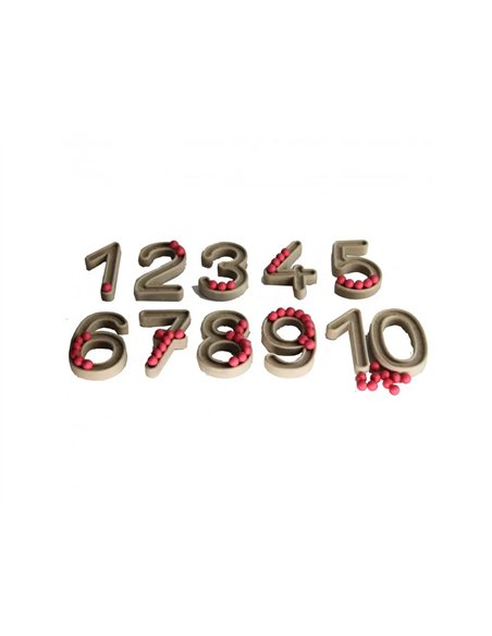 Approche du nombre wissner chiffres en relief et boules 11 chiffre et 60 boules rouge.