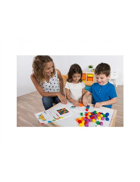 Atelier cubes miniland math premieres notions mathematiques 100 cubes 10 coloris assortis 20 cartes d.