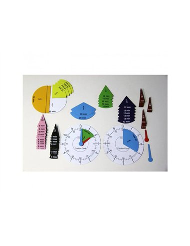 Apprentissage de l ehure et minutes wissner set horloge et fractions 1 cadran et 63 fractions colorees et.